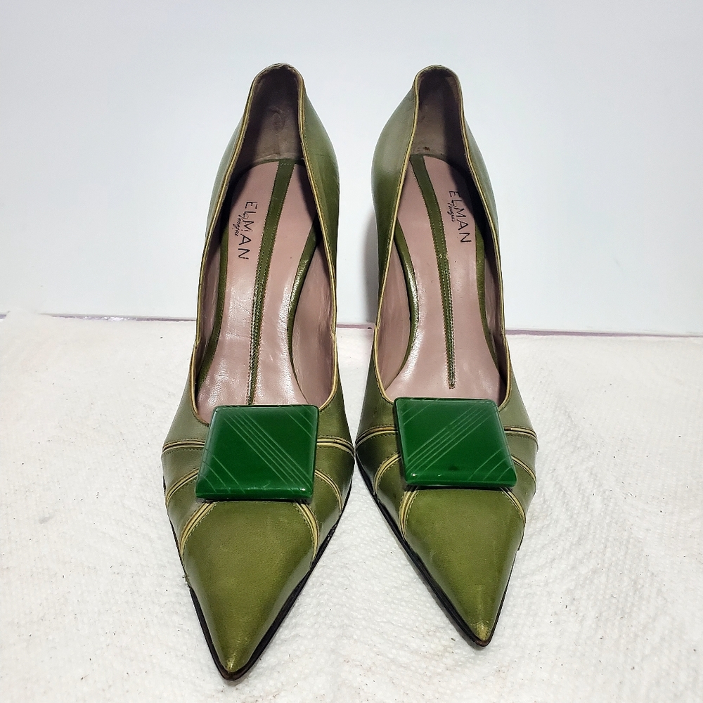 Elman Venezia Green Leather Heels 3.5in
